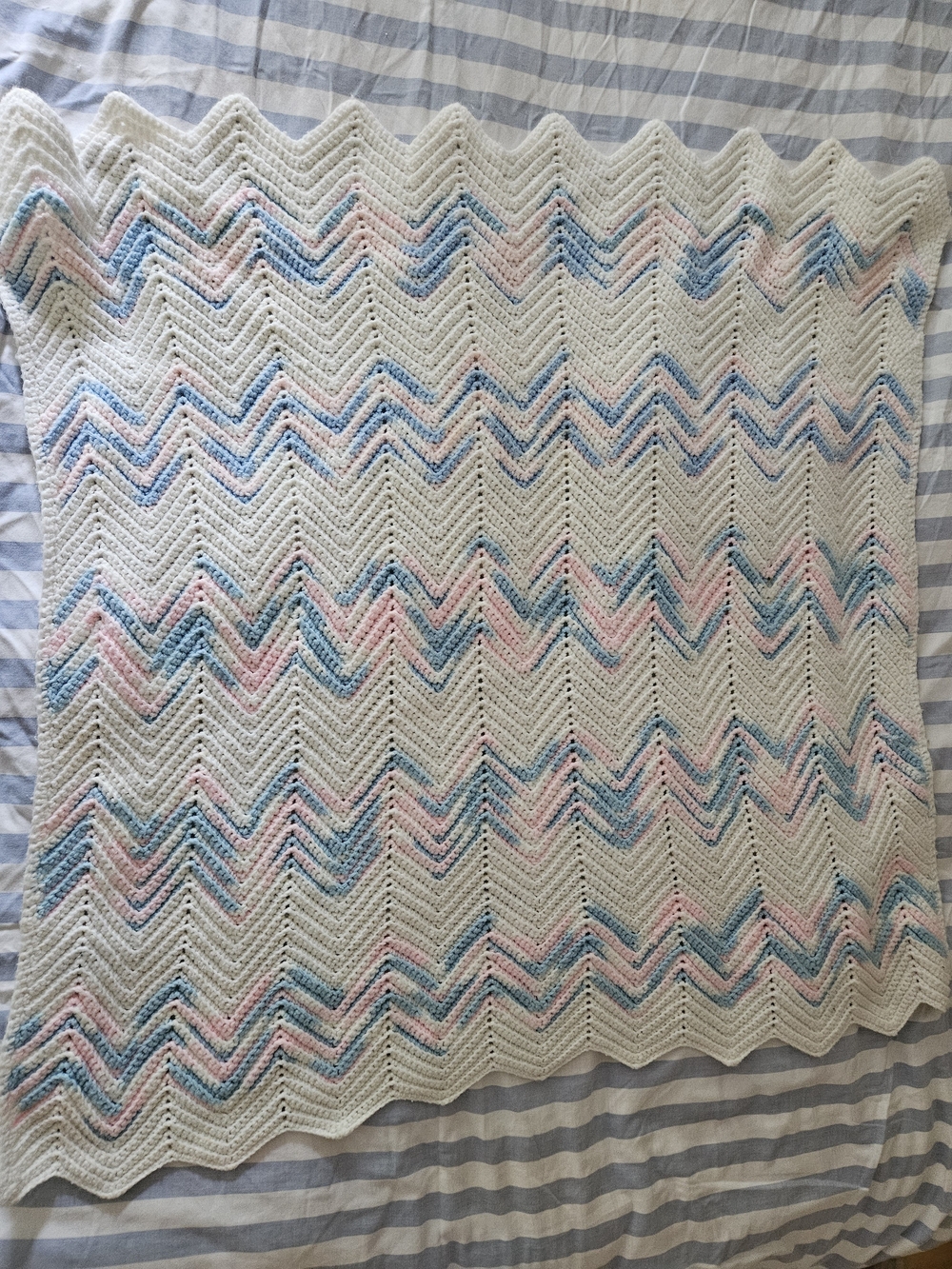 Handmade Chevron Baby Blanket in White, Blue, and Pink